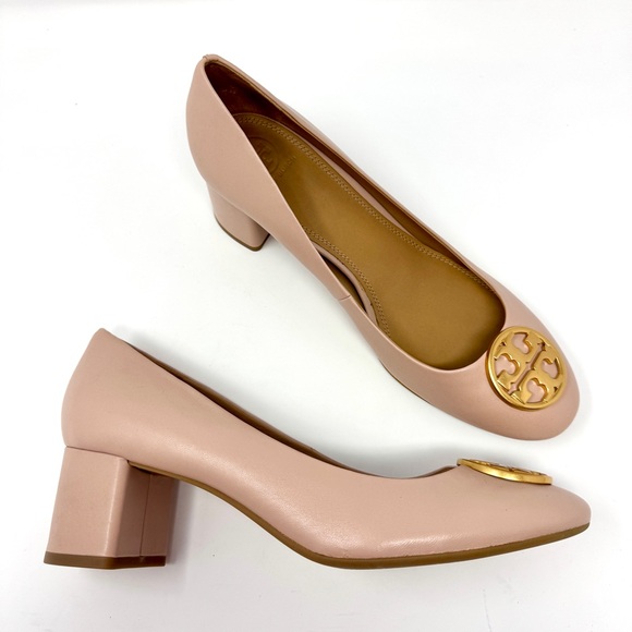 Tory Burch Shoes - Tory Burch Benton Pink Leather Block Heel Pumps Gold Logo size 10
